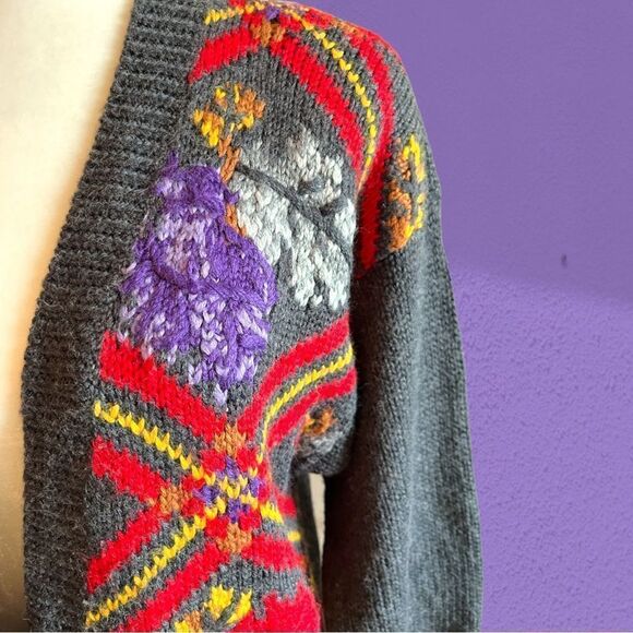 Vintage wool blend oversized knit cardigan plaid floral textured - Picture 3 of 13
